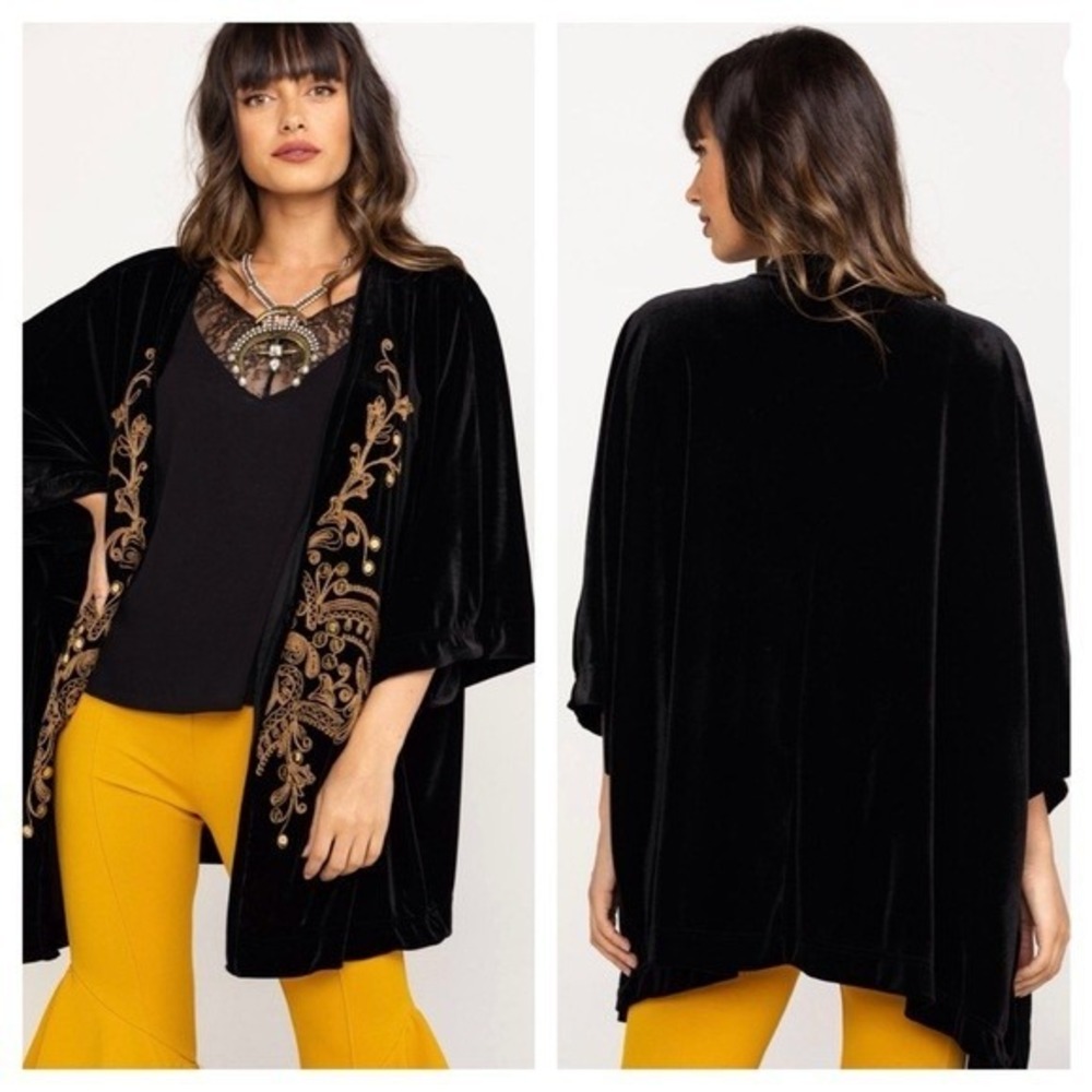 Panhandle Black Velvet Gold Peacock Embroidered Kimono Women Sz S/M White Label